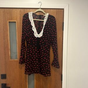 For Love And Lemons Black Dress with Red Pattern and White Ruffle